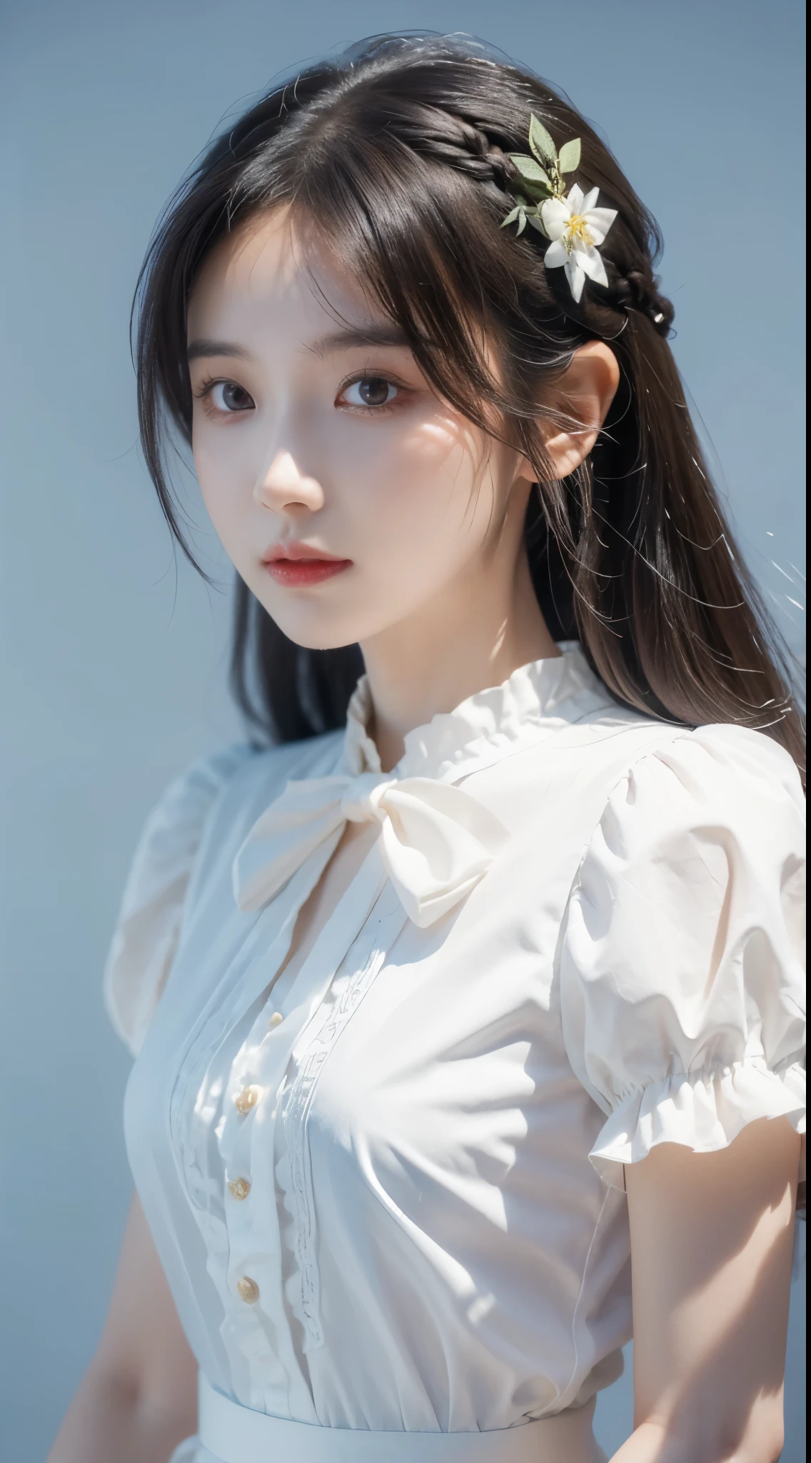 (masterpiece), (最high quality), (Very detailedな), (Best Shadow), (photoRealistic:1.4), Frilled blouse, skirt, white ankle socks, (((((A long shot of a woman walking slowly))))), high quality, masterpiece, Very detailedな, High resolution, 4K, 超High resolution, Detailed Shadows, Ultra-realistic, Dramatic lighting, One Girl, alone, Detailed face, Realistic eyes, Realistic Skin, Dynamic Hair, Dynamic pose, Dynamic Angle, White floral dress, White Background, Urzan-6500-v1.1, (RAW Photos:1.2), ( Realistic:1.4), Beautiful detailed girl, Very detailed eyes and face, Beautiful attention to detail, Ridiculous, incredibly Ridiculous, Large file size, Very detailedな, High resolution, Very detailed, 最high quality, (Bright interior), (Soft Light), (Low contrast), (Shallow depth of field), (portrait of a beautiful woman illuminated by gentle light), (Very delicate and elegant depiction), (Short bangs), (Hair color is dark chestnut with a slight brown tinge), (Hair with subtle and gentle waves), (Small, intricate braids on the side of long hair), (Decorated with thin ribbons), ( White blouse with small frills), (bow tie), (青いロングskirt), (White short ankle socks), shape, Very detailed, CG, Unified, 8k wallpaper, wonderful, Finer details, 最high quality, Very detailed CG Unified 8k wallpaper, Face Light, Cinema Lighting, One Girl, ,