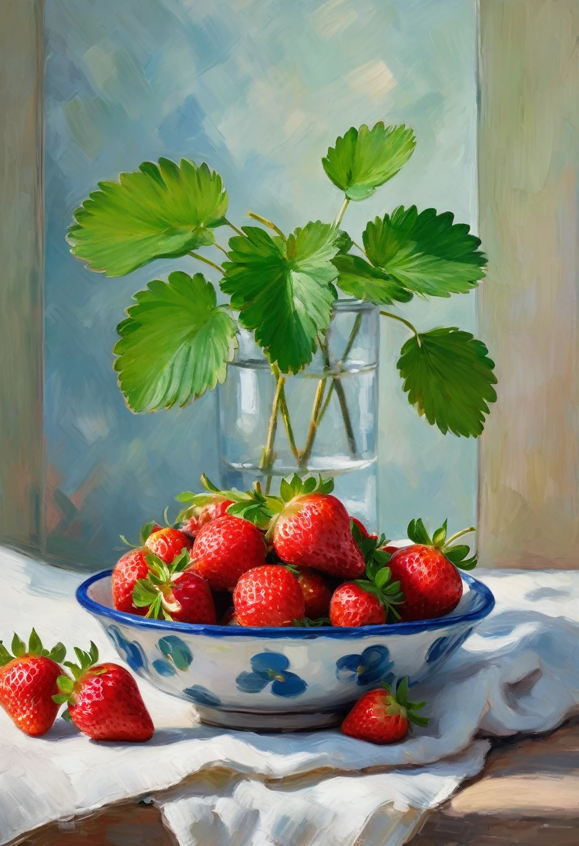 (8k, Highest quality, masterpiece)，{Realistic, RAW Photos, Super Fine Clear, Impressionist painting, (Impressionist paintingの影響を受けた, Influenced by Cezanne, Still life, A picture of a single strawberry:1.6)}, Simple Background, peacefulness, Solemn