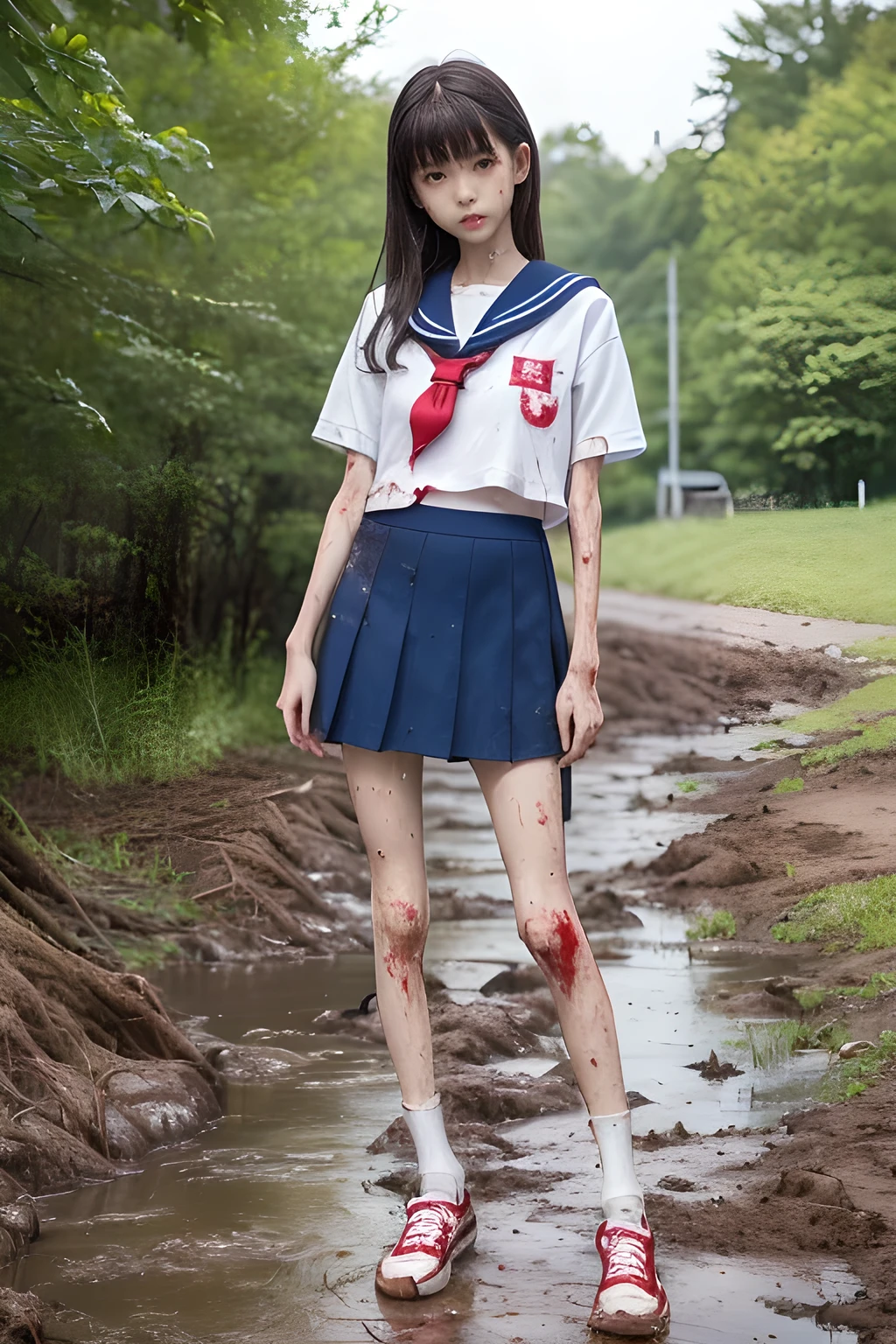 (8K、RAW Photos、highest quality、masterpiece:1.2), (Realistic、Photorealistic:1.2), (High resolution skin:1.1), Beautiful young girl,japanese, ,small breasts,(Slender girl:1.4),(Thin legs:1.5),(dark blue mini skirt:1.1),sailor suit,( White socks:1.1), Short sleeve,sneakers, whole body,schoolyard,(standing),(dirty legs),(muddy legs:1.2),(wounds,bloody legs:1.4)