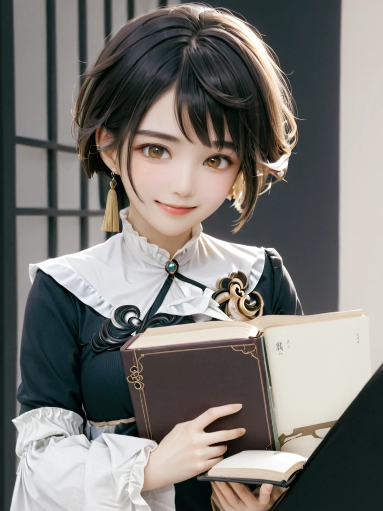 Xingqiu_\(Genshin Impact_Impact\), 一人in, Book, City,Town,building,水色のhair,Large Breasts,single_Earrings, Holding_Book, Earringss, jewelry, 1人のfemaleの子, Simple_background, Holding, female_concentrated, Frillsの_sleeve, upper_body, smile, Frills, length_sleeve, Looking_in_Audience, Closed_mouth, 前hair, yellow_eye, Tassel, flower, Open_Book, short_hair