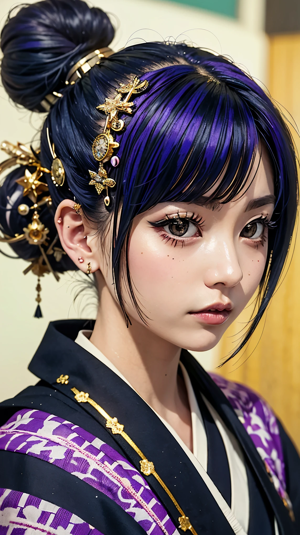 masterpiece, Highest quality, A solemn Japanese-style room with tatami mats, A large photograph of a woman from head to waist, (Close up on face:1.5), (Punk rock kimono, black地に赤＋gold:1.3), (black＋Purple hair color, Mid-length hair, Bun Hair), (blackい瞳, Sparkling eyes), (Long eyelashes, Eyelash extensions)