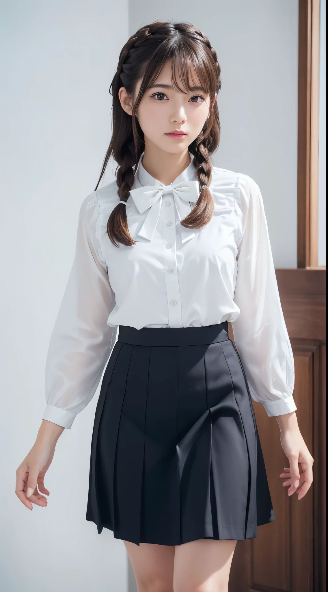 (masterpiece), (最high quality), (Very detailedな), (Best Shadow), (photoRealistic:1.4), Frilled blouse, skirt, white ankle socks, (((((A long shot of a woman walking slowly))))), high quality, masterpiece, Very detailedな, High resolution, 4K, 超High resolution, Detailed Shadows, Ultra-realistic, Dramatic lighting, One Girl, alone, Detailed face, Realistic eyes, Realistic Skin, Dynamic Hair, Dynamic pose, Dynamic Angle, White floral dress, White Background, Urzan-6500-v1.1, (RAW Photos:1.2), ( Realistic:1.4), Beautiful detailed girl, Very detailed eyes and face, Beautiful attention to detail, Ridiculous, incredibly Ridiculous, Large file size, Very detailedな, High resolution, Very detailed, 最high quality, (Bright interior), (Soft Light), (Low contrast), (Shallow depth of field), (portrait of a beautiful woman illuminated by gentle light), (Very delicate and elegant depiction), (Short bangs), (Hair color is dark chestnut with a slight brown tinge), (Hair with subtle and gentle waves), (Small, intricate braids on the side of long hair), (Decorated with thin ribbons), ( White blouse with small frills), (bow tie), (青いロングskirt), (White short ankle socks), shape, Very detailed, CG, Unified, 8k wallpaper, wonderful, Finer details, 最high quality, Very detailed CG Unified 8k wallpaper, Face Light, Cinema Lighting, One Girl, 16 years old,
