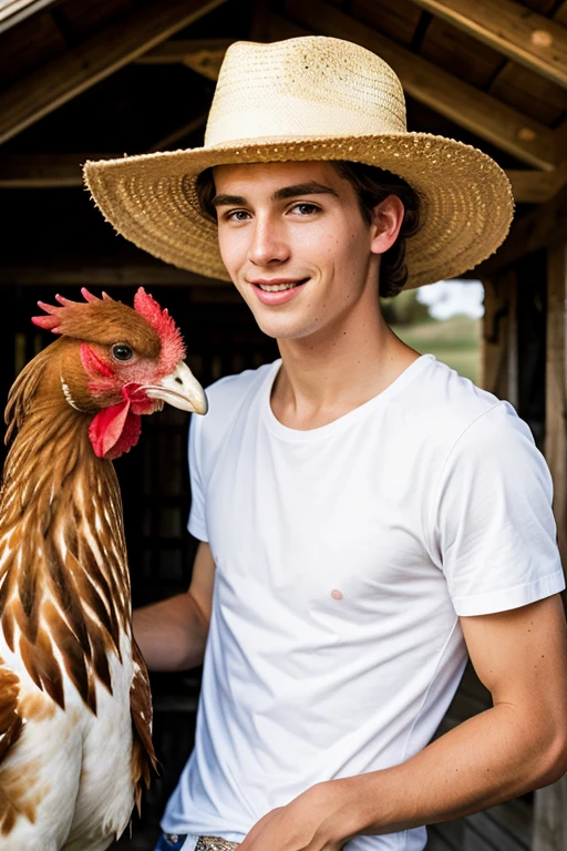 young, Beautiful, handsome, white, skinny, angelic, shirtless, feeding corn to a lot of chickens