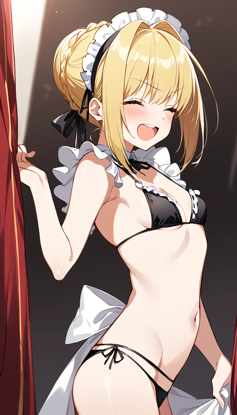 {{{{masterpiece}}}},nsfw, 1girl, solo, (maid bikini:1.3), maid headdress, tiny frilled apron, arched back, standing, BREAKnero claudius (fate), Small breasts,laughing with closed eyes