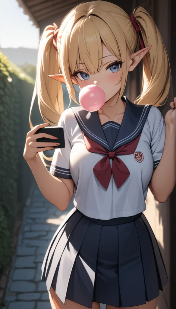 ((best quality)), ((masterpiece)), (detailed), blonde hair, twintails, backlighting, high quality, best quality, high details, Japanese school girl uniform, blowing up bubble gum, (taking a selfie with a smartphone), summer sunlight, sun, sunny weather, standing by a brick wall, elf, pointy ears, Leaning against a wall, ribbon, big ribbons at the knot of her twintails