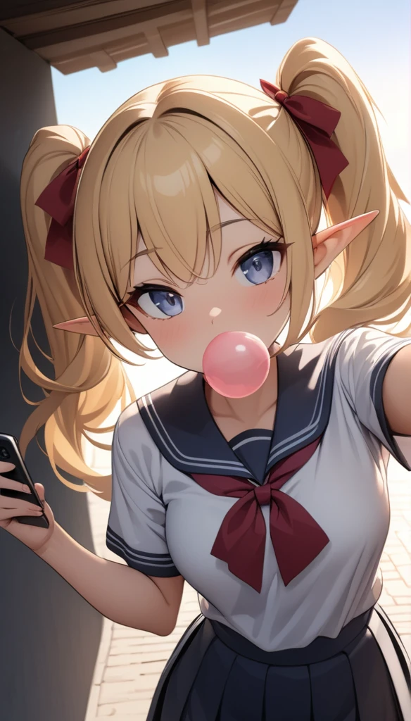 ((best quality)), ((masterpiece)), (detailed), blonde hair, twintails, backlighting, high quality, best quality, high details, Japanese school girl uniform, blowing up bubble gum, (taking a selfie with a smartphone), summer sunlight, sun, sunny weather, standing by a brick wall, elf, pointy ears, Leaning against a wall, ribbon, big ribbons at the knot of her twintails