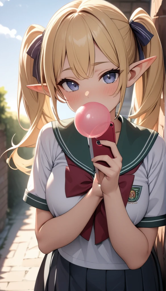 ((best quality)), ((masterpiece)), (detailed), blonde hair, twintails, backlighting, high quality, best quality, high details, Japanese school girl uniform, blowing up bubble gum, (taking a selfie with a smartphone), summer sunlight, sun, sunny weather, standing by a brick wall, elf, pointy ears, Leaning against a wall, ribbon, big ribbons at the knot of her twintails