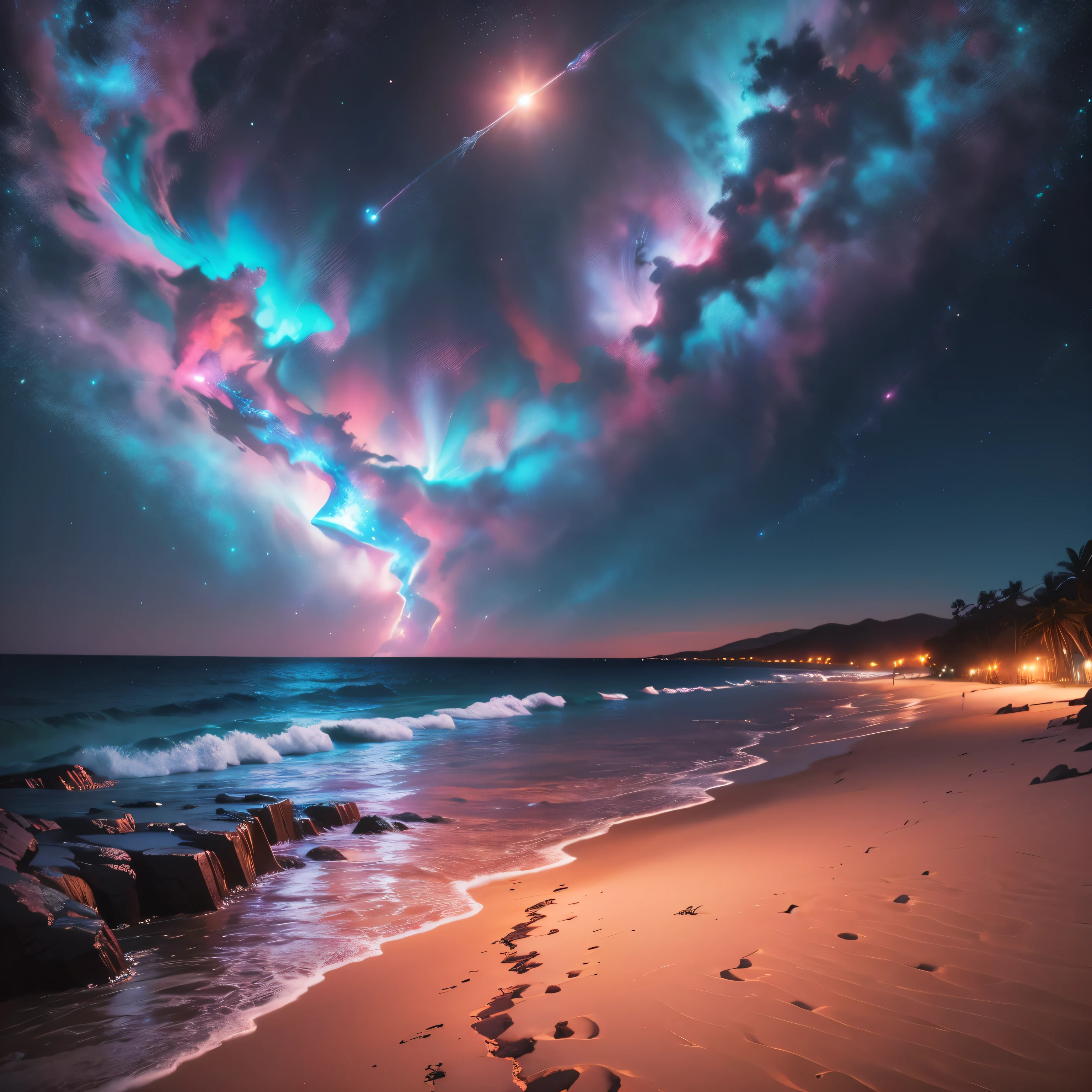 vibrant colorful nebulas, planets shining in the distance, a mesmerizing moonlit summer night by the beach, (best quality, 4k, highres, ultra-detailed, realistic:1.37, professional) artwork revealing lively scenes, (vivid colors, bokeh) enhancing the atmosphere, with (extreme detail description) on every element.