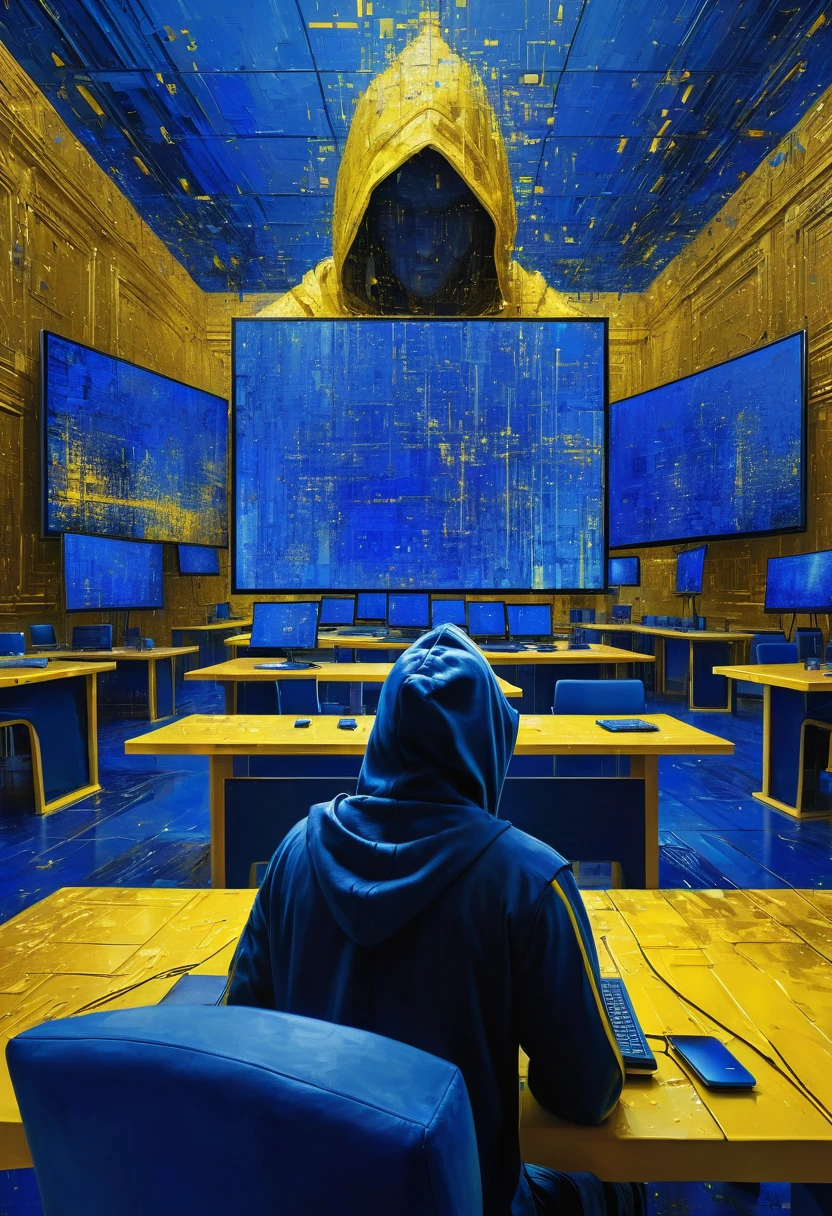 Hacker mysterious man with back and hooded, surrounded by tables and screens in a huge room seen in 3/4, screens with programming code, coding screen, royal blue, golden yellow, blue and yellow painting with high relief texture, 4D, 8k, high tech, futuristic, ornamental photorealism, abstract impressionism, arte por Jeremy Mann