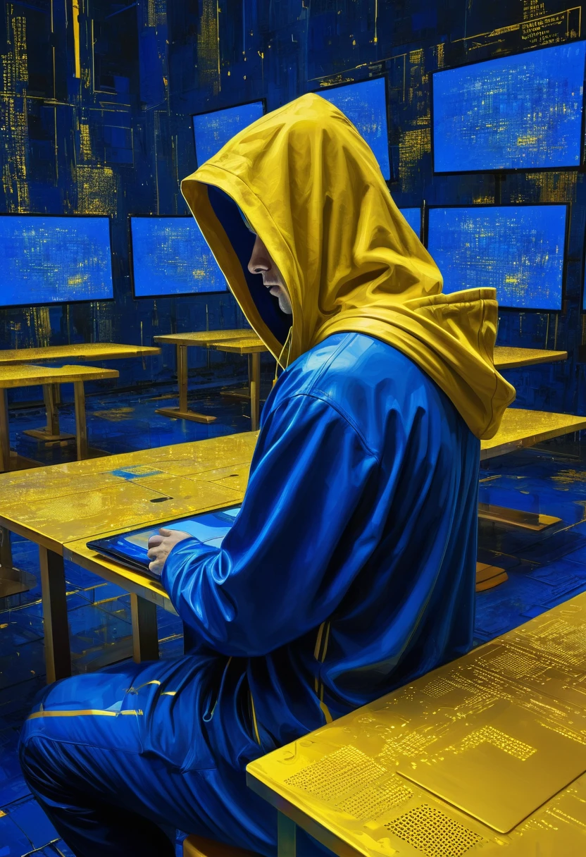 Hacker mysterious man with back and hooded, surrounded by tables and screens in a huge room seen in 3/4, screens with programming code, coding screen, royal blue, golden yellow, blue and yellow painting with high relief texture, 4D, 8k, high tech, futuristic, ornamental photorealism, abstract impressionism, arte por Jeremy Mann