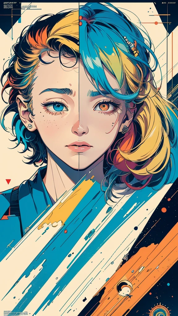 (((masterpiece, highest quality))),(((solo:1.2))),(((1girl:1.2))),32k wallpaper, very detailed, poster, vintage science fiction,(((((geometric cinematic movie poster))))), (bauhaus),(((abstract))),(((mid century modern))),(((((portfolio))))),(((((Close-up))))),(((((bust up))))),((((more various angle)))),(((highlight))),Vast landscape,((((heterochromia)))),(((complete. detailed face))),(((Extremely talented))),(((most complecated machine))),Colorful color scheme,((((((Roll one's eyes))))))