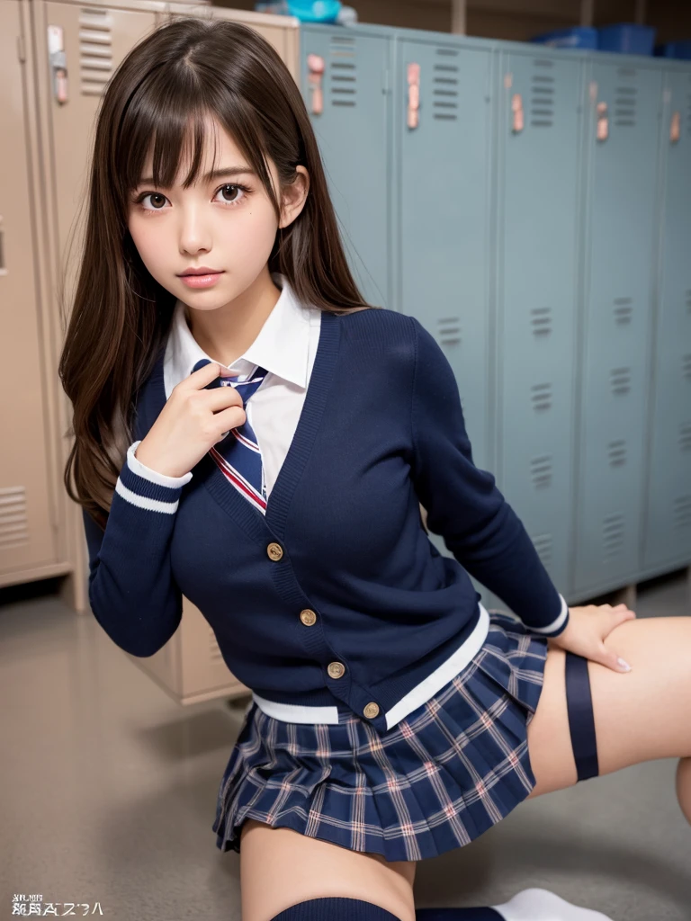 masterpiece,Highest quality,Very detailed,High resolution,(Realistic, photoRealistic:1.37),Excellent anatomy, One beautiful woman,20-year-old,Height: 152cm,high school girl,Crying a little,Gravure idol, high school girlの制服,blazer,(shape),Checkered Pleated Micro Mini Skirt,Navy blue knee-high socks,garter belt,huge,Disheveled uniform,((Very delicate and beautiful)),((High school classroom:1.2)),((locker room:1.2)),((Schoolyard:1.2)),Brown Hair,Long Bob Hair,bangs,Very beautiful face,Cute type,Big Natural Color Lip,Small and cute nose,Big and pretty eyes,Brown eyes,Obvious double,Shiny highlight spots around the eyes,Character Focus,Tilt your head,The best light,Best Shadow,mysterious,Perfect Face,Very detailed, Soft Skin,(Glowing Skin, Sweaty: 1.3),Beautiful feet,Voluptuous thighs,Plump body,hugeな胸,(Expresses the roundness and softness of the chest area.........1), Beautiful body,(The perfect woman),Bold sexy pose,Gravure idolのポーズ