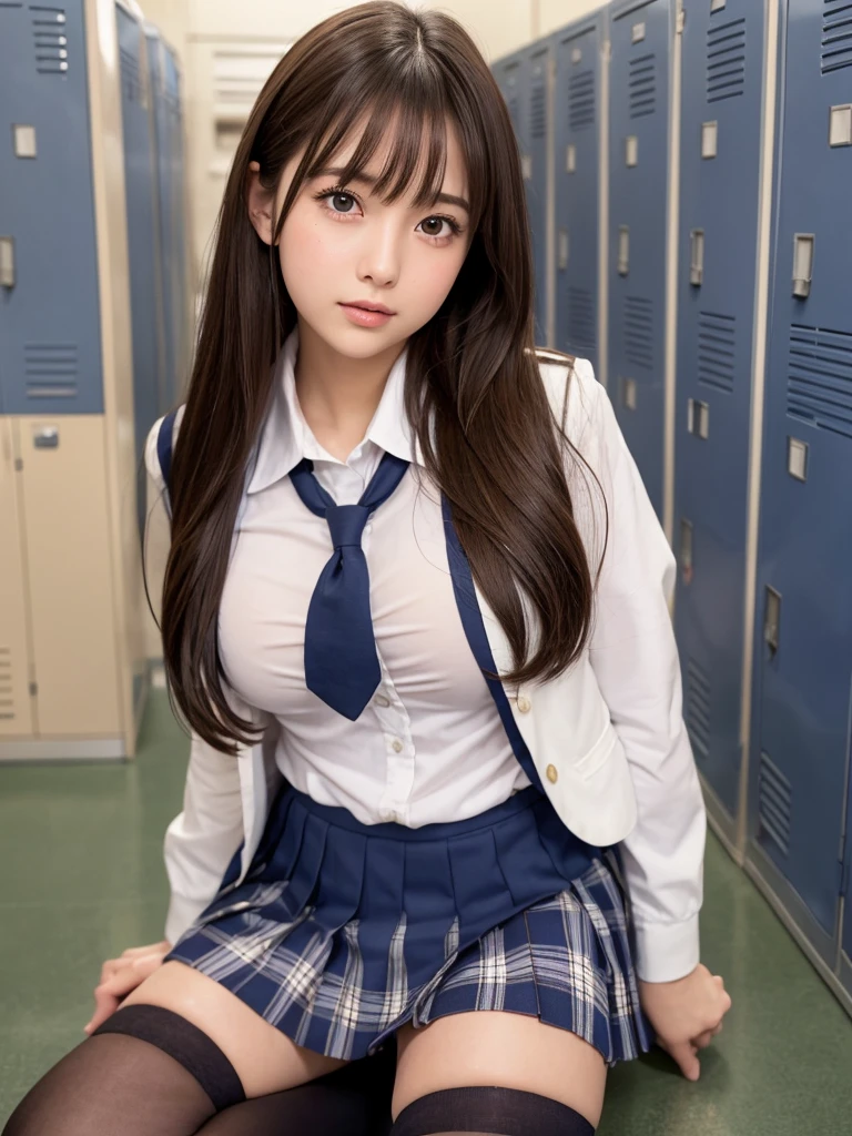 8K, Highest quality, The real picture, Intricate details, Very detailed, Ultra-high resolution, Depth Field,(Realistic,Realistic:1.2),Tabletop , ((Full Body Shot)) , ((Long, slender legs)), 1 girl, eye_Chan, Very beautiful  girl, innocent big eyes,、Beautiful breasts:1.5、非常に詳細なeye:1.2)、(Beautiful breasts:1.1)、((Brown Hair))、(Semi-long hair), Asymmetrical bangs, Perfect Skin, Fair skin, Small breasts, Tight waist, alone, Staring at the audience, (smile)、((School_uniform), (White shirt、Wear a tie), (Pink checkered pleated micro mini skirt), ((Fold your arms in front of your chest and act arrogantly)), ((楽しそうなsmile)), ((Perfect hand shape)), (Stand in the classroom)