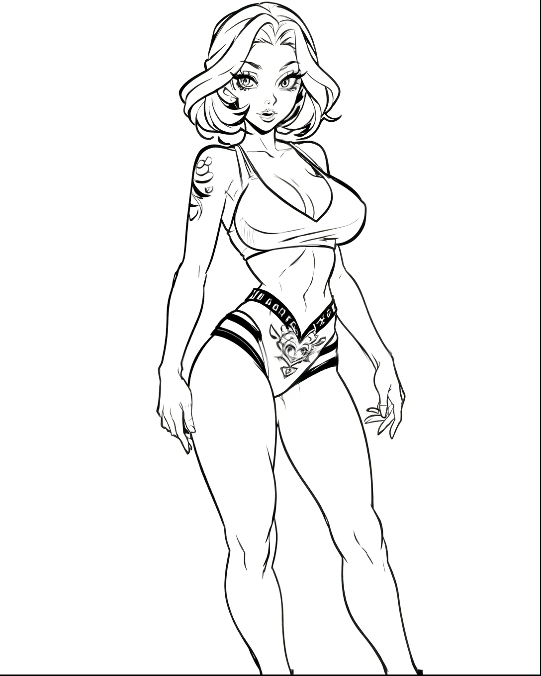 Coloring page for kids, a pin-up girl tattoo, standing, complete body, for coloring
books, simple line, high contrast, white background