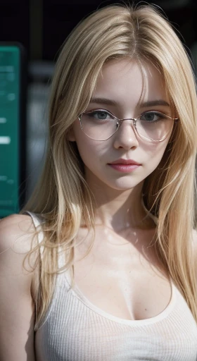 hacker girl, com corpo sexy, wearing glasses , aged 18, hair blonde, showcasing