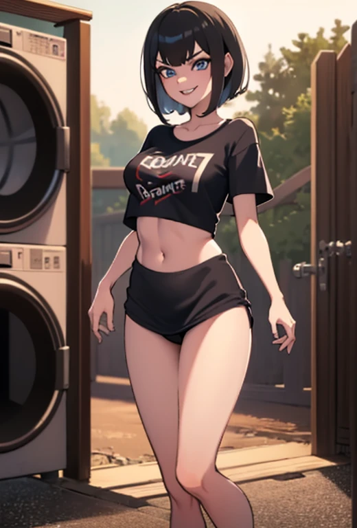 (beste-Qualit, 8K, 12), 1 girl, (Mavis dracula),black hair, the perfect body, ultra detail face, detailed lips, (((very small boobs))), blue eyes, cleavage, looking at viewer, lewd smile, ((oversize tshirt)), off shoulders, no pants, washing machines, thighs, ((white tshirt)), standing, hands on waist