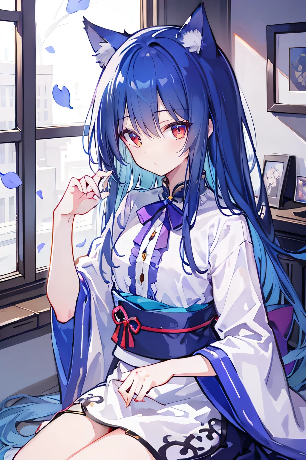 (Masterpiece:1.2)，Ultra-detailed，lifelike，The eyes are expressive，Fair skin，Perfect face shape，1 girl，Japanese Manga，Gorgeous blue hair，Flowing blue hair，Flowing clothes，Cat ears，Petals falling，Shy face，sitting on window，Place your hand on your lips，