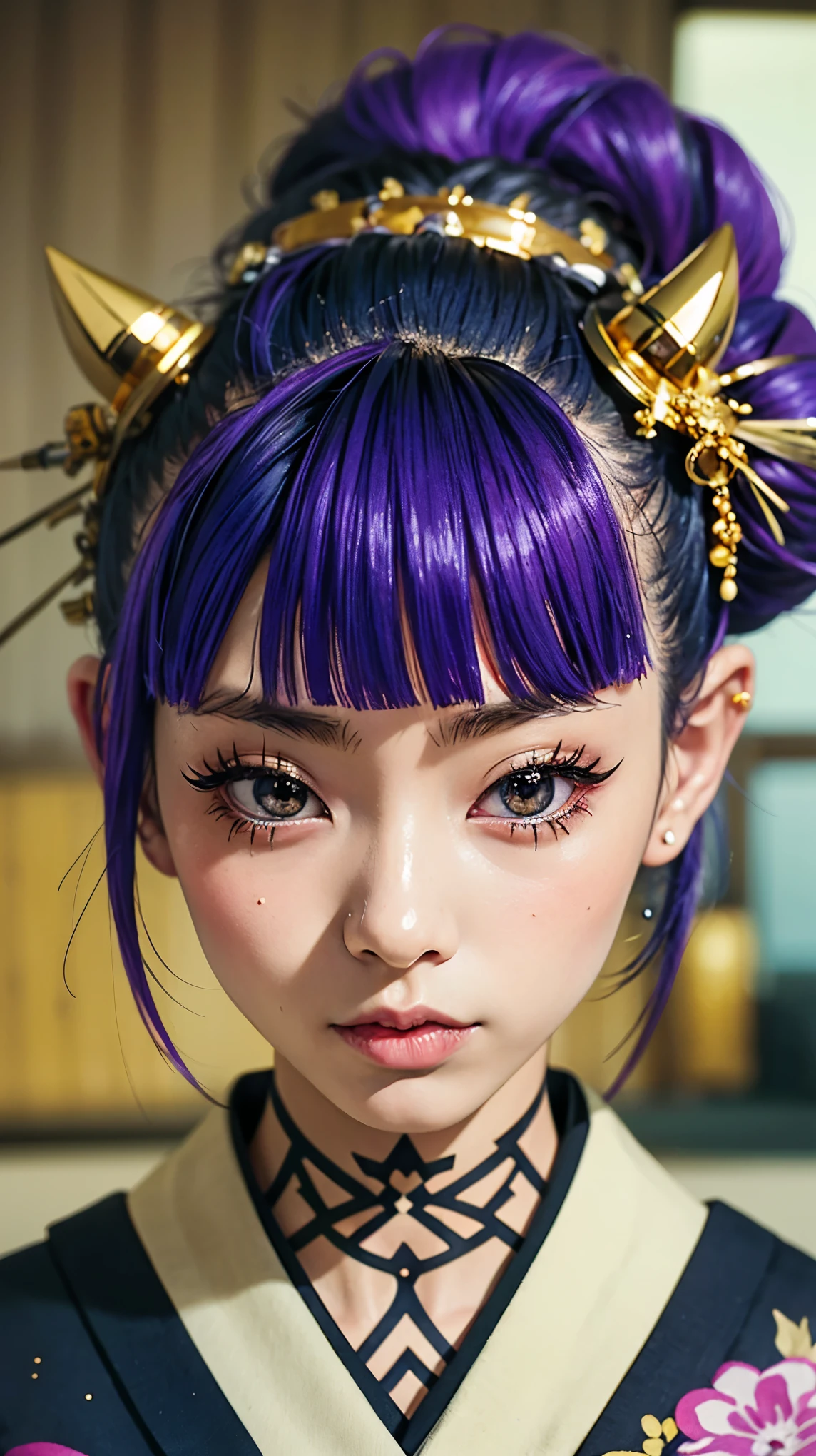 masterpiece, Highest quality, A solemn Japanese-style room with tatami mats, A large photograph of a woman from head to waist, (Close up on face:1.5), (Punk rock kimono, black地に赤＋gold:1.3), (black＋Purple hair color, Mid-length hair, Bun Hair), (blackい瞳, Sparkling eyes), (Long eyelashes, Eyelash extensions)