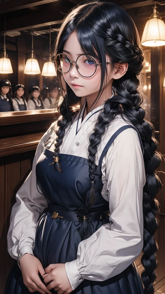Large round lens glasses、Indigo long hair in braids、Night Bar、Classic maid outfit、Anti-tank guns in both hands、woman、The pupils are invisible due to the reflection of light.、Yuan Junjun、