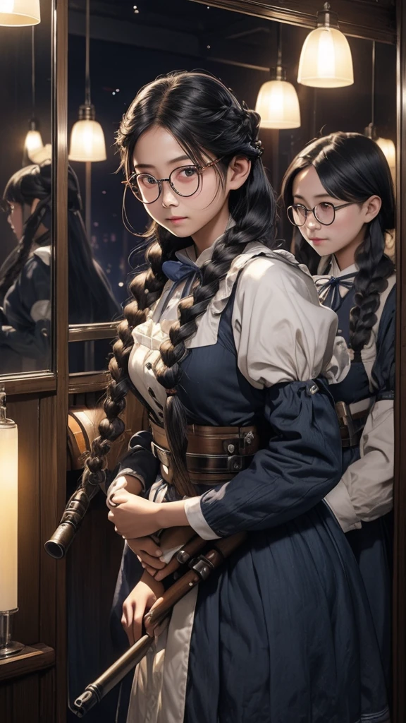 Large round lens glasses、Indigo long hair in braids、Night Bar、Classic maid outfit、Anti-tank guns in both hands、woman、The pupils are invisible due to the reflection of light.、Yuan Junjun、