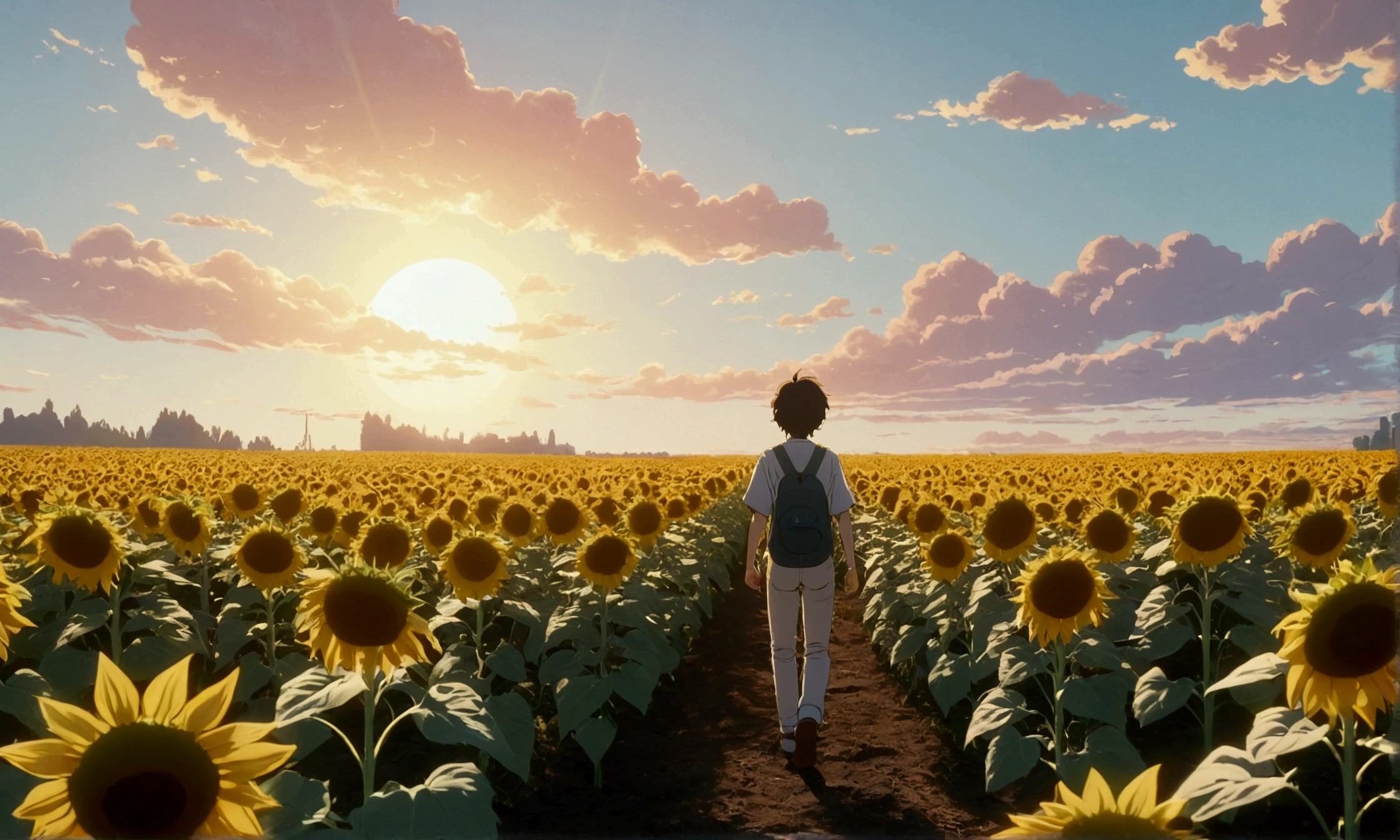 Ultra-high resolution,80s aesthetic anime ,outline,Studio Ghibli,Turn your back on the viewer,Walking through a sunflower field,White cloud,Anime Bloom Effect,Soft lighting,CG particle effects 4K resolution