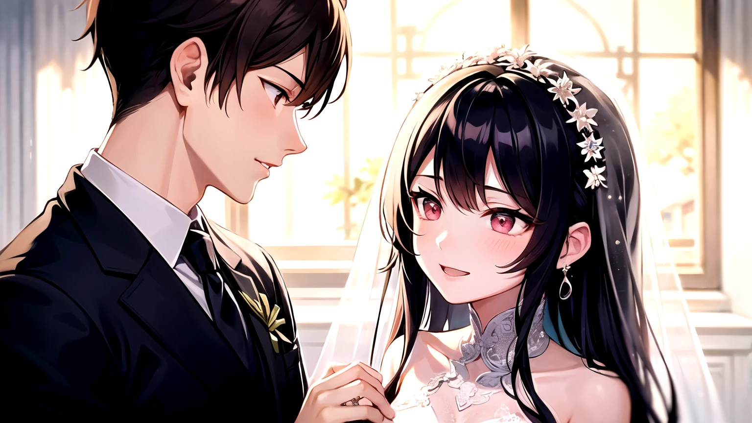 Prompt word：When exchanging vows，Dai Yao&#39;s eyes are gentle，But the groom found it hard to fully believe her sincerity。
A detailed description：At the moment of exchanging vows，Dai Yao gazes at the groom affectionately，Eyes full of tenderness，But there was a hint of doubt in the groom&#39;s eyes.