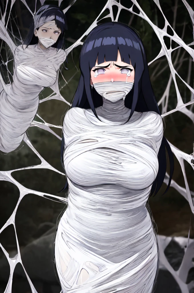 masterpiece, best quality, 1girl, solo, looking at viewer, hinata\(shippuden\), length hair, messy hair，loose hair, floating hair, black hair, (her hair is long unraveled), hair covering shoulders, hair detailed, large breasts , breasts out, nude,  (arms behind back:1.4), hanging,spiders in the web,long spider, Hinata, desperate，mouth gagged, silk gagged, struggle, entangled, angry face, crying, tears, despair,cocoon, blushing face, 