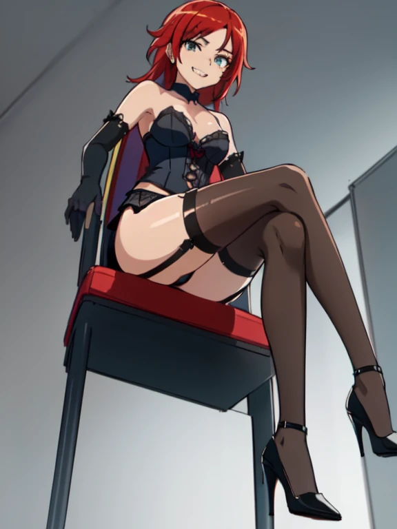 ((Highest quality)), ((masterpiece)), (detailed), prison, One girl, ((bare shoulders)), ((black bustier)), ((black stockings)), ((black g-string)), ((black high heels)), ((black garter belt)), ((black elbow gloves)), ((chair)), ((female sitting in a chair)),  evil grin, (((((from below))))),   looking at viewer,  ass pov, ((looking down)),