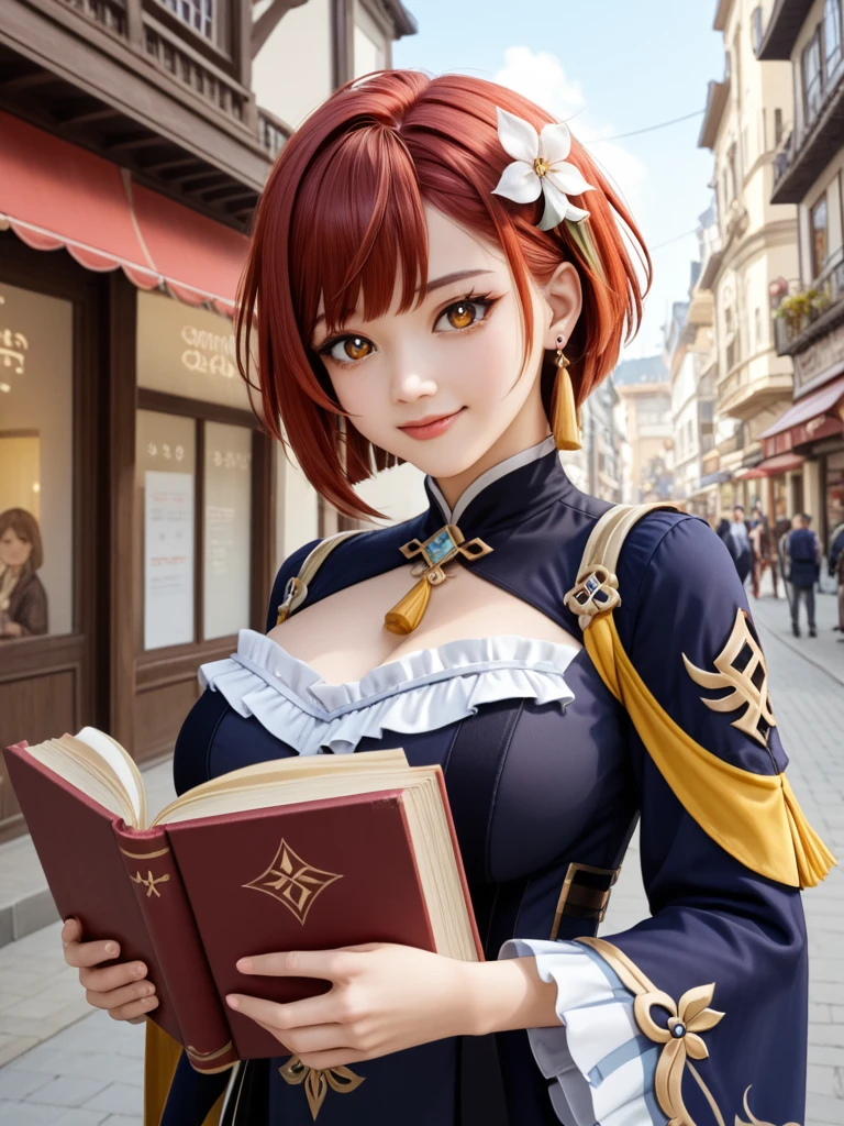 Xingqiu_\(Genshin Impact_Impact\), 一人in, Book, City,Town,building,水色のhair,Large Breasts,single_Earrings, Holding_Book, Earringss, jewelry, 1人のfemaleの子, Simple_background, Holding, female_concentrated, Frillsの_sleeve, upper_body, smile, Frills, length_sleeve, Looking_in_Audience, Closed_mouth, 前hair, yellow_eye, Tassel, flower, Open_Book, short_hair