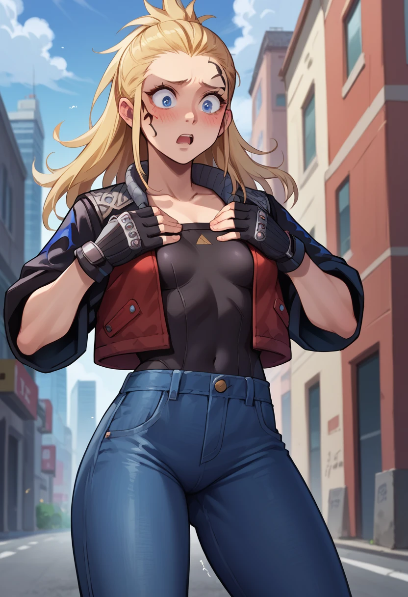 score_9, score_8_up, score_7_up, 1girl, solo, zell, (small breasts), slender body, solo, blue eyes, gloves, jacket, blonde hair,  long hair, tattoo, gloves, facial tattoo, red jacket, black jacket, two-colours jacket, black shirt, fingerless gloves, denim, standing, stiff hands, shocked face, blushing, nervous, shaking, open mouth, hands on breasts, looking down, city,