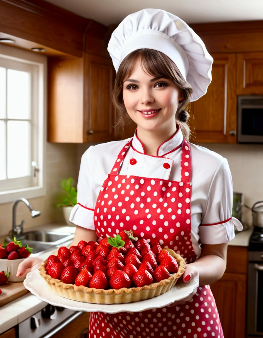 A cute woman (age 25, cute chef outfit) presenting a strawberry pie to the viewer, nice kitchen
