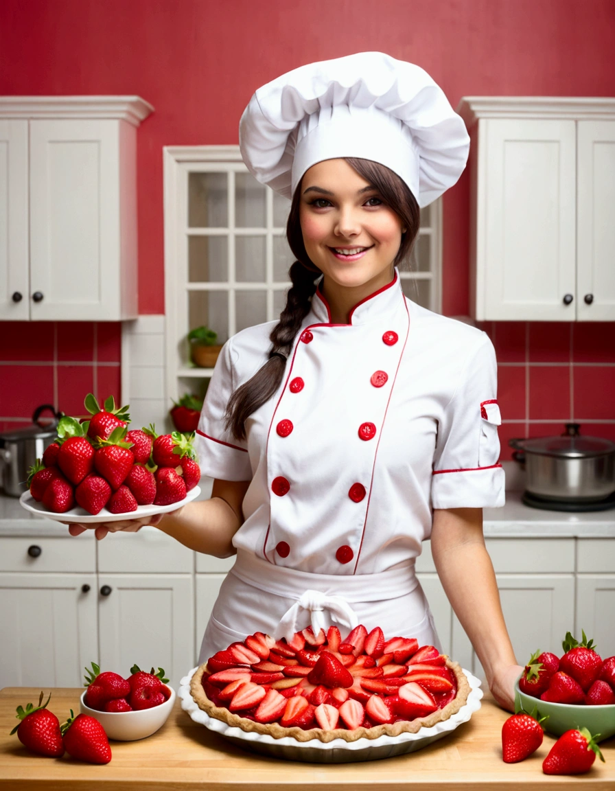 A cute woman (age 25, cute chef outfit) presenting a strawberry pie to the viewer, nice kitchen