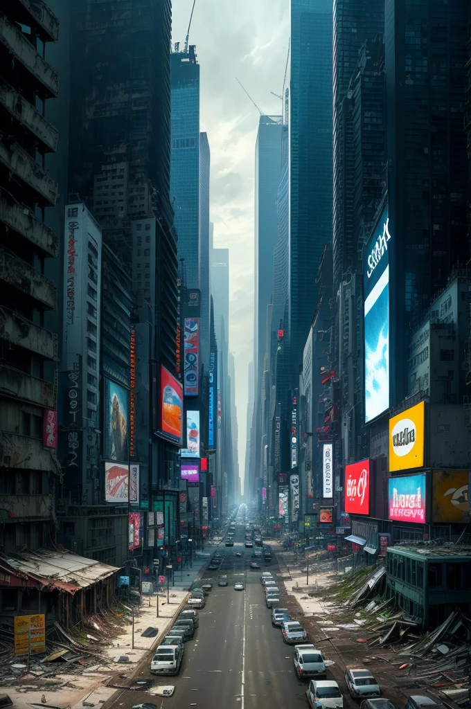 There are many cars parked on the roadside, Post-apocalyptic New York, Cities are pure wastelands, post - Doomsday City streets, in a post Doomsday City, Doomsday City, Post-apocalyptic Tokyo, Post-apocalyptic Times Square, In a ruined cityscape, In a tropical dystopic city, Doomsday City backround, Detailed New York background, post apocalyptic streets