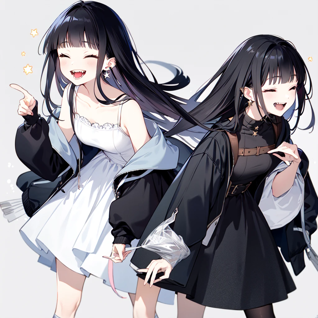 -first love, 1girl, solo, facing viewer, long hair, dress, jacket, plastic bag, smile, closed eyes, bangs, black jacket, white dress, bag, black hair, sleeveless dress, open mouth, off shoulder, holding, :d, socks, holding bag, open jacket, sleeveless, breasts, collarbone, long sleeves, white socks, teeth, feet out of frame, open clothes, signature, jewelry, white background, blunt bangs, star \(symbol\), earrings, ^_^, simple background, sleeves past wrists, fangs, medium breasts, grey background, upper teeth only, kneehighs, bare shoulders, standing, ear piercing, blush