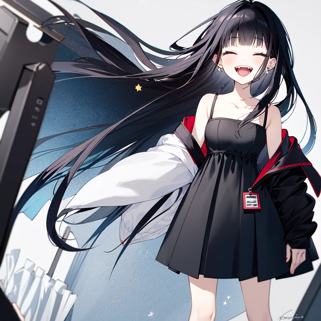 -first love, 1girl, solo, facing viewer, long hair, dress, jacket, plastic bag, smile, closed eyes, bangs, black jacket, white dress, bag, black hair, sleeveless dress, open mouth, off shoulder, holding, :d, socks, holding bag, open jacket, sleeveless, breasts, collarbone, long sleeves, white socks, teeth, feet out of frame, open clothes, signature, jewelry, white background, blunt bangs, star \(symbol\), earrings, ^_^, simple background, sleeves past wrists, fangs, medium breasts, grey background, upper teeth only, kneehighs, bare shoulders, standing, ear piercing, blush