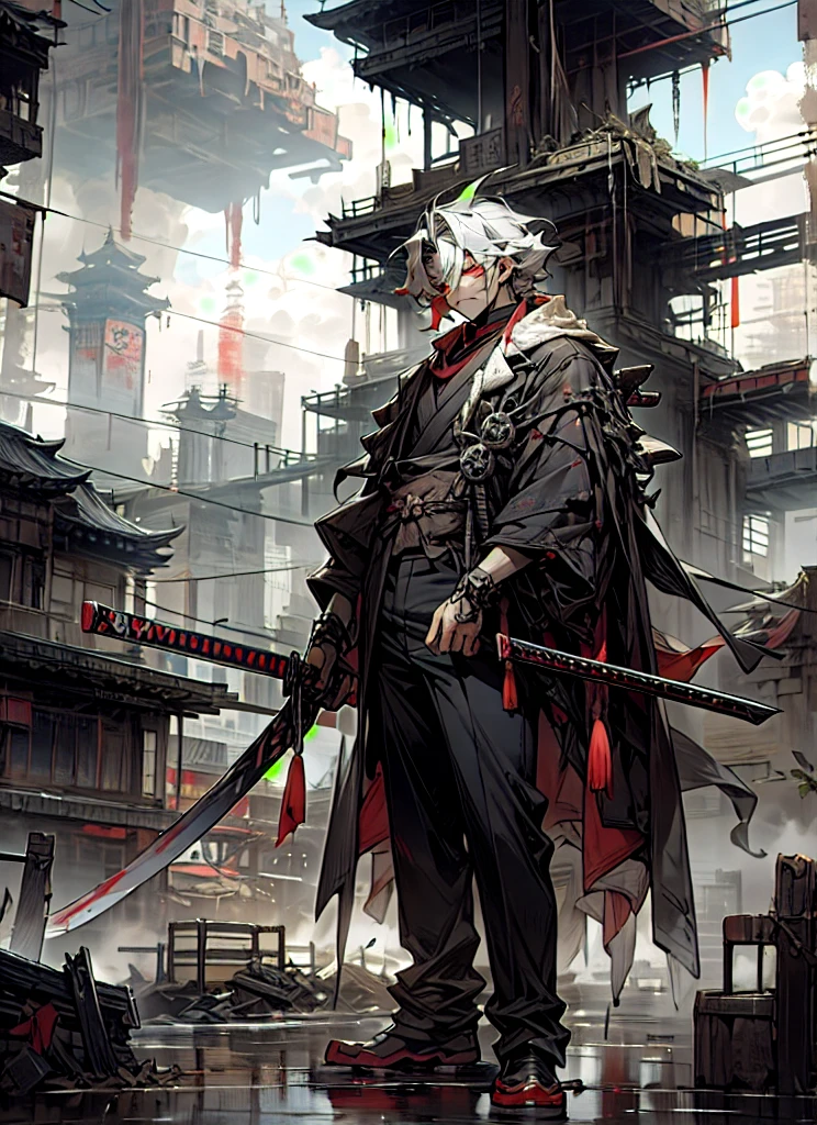 katanas,machine gun、silber hair、perm、Handsome bloody、The beginning of the adventure、Lots of clouds,Beautiful fog,Chaotic city of the future、ruined and devastated city、dystopian、A very complex group of Chinese buildings stands in the center、Dim lighting、puddles、Chaotic landscape、Beautiful and fantastic scenery、Cinematic scenery、Boy 16 years old