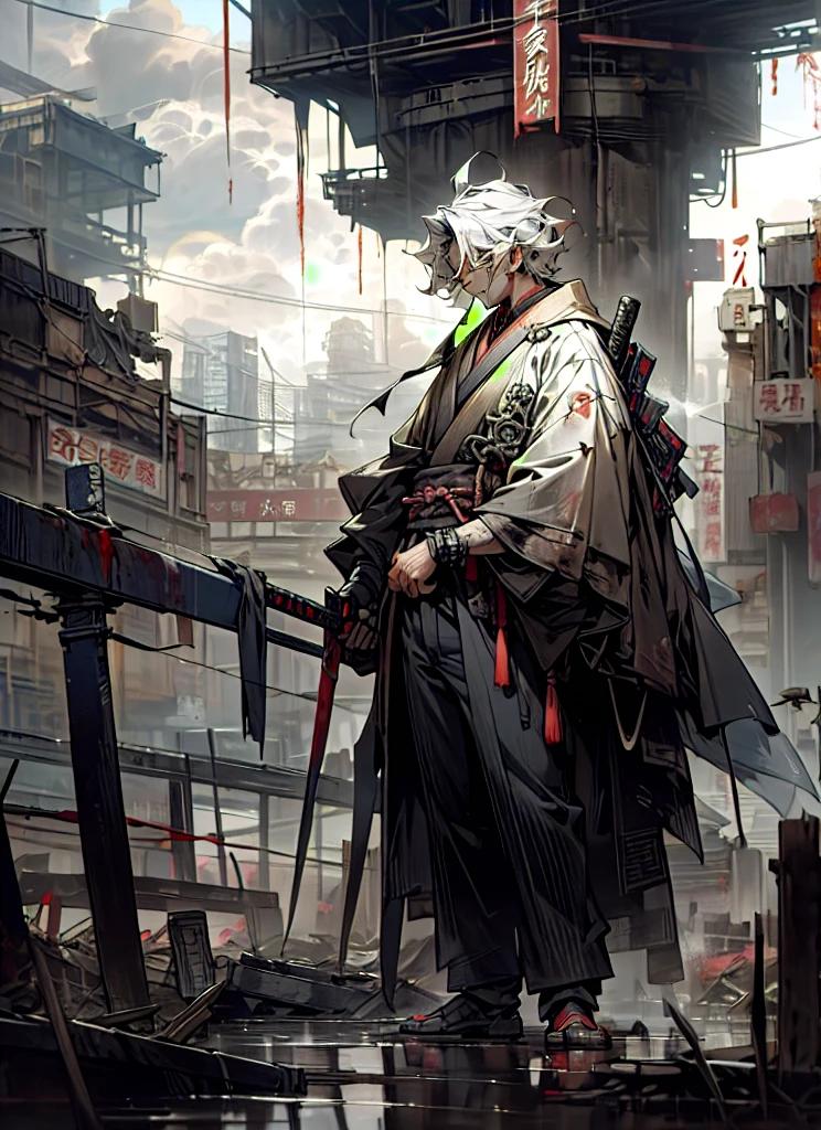 katanas,machine gun、silber hair、perm、Handsome bloody、The beginning of the adventure、Lots of clouds,Beautiful fog,Chaotic city of the future、ruined and devastated city、dystopian、A very complex group of Chinese buildings stands in the center、Dim lighting、puddles、Chaotic landscape、Beautiful and fantastic scenery、Cinematic scenery、Boy 16 years old