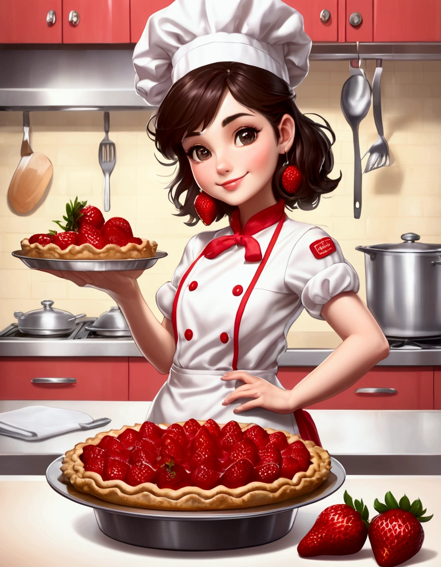 A cute woman (age 25, cute chef outfit) presenting a strawberry pie to the viewer, nice kitchen
