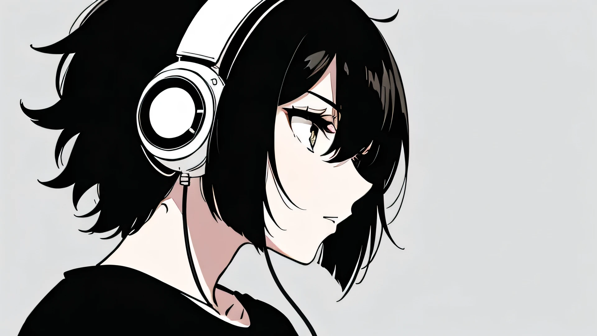 girl, profile, Black and White, Messy Short Hair, Avant-garde accessories,Sporty style, Casual T-shirt, A confident gaze, Monochromatic color scheme, Look to the side, Chic street fashion, Casual Hands in Pocket Pose,head,((One Man)),Over-Ear Headphones, Large earmuffs,Luxurious long hair