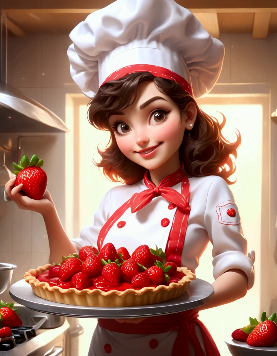 A cute woman (age 25, cute chef outfit) presenting a strawberry pie to the viewer, nice kitchen