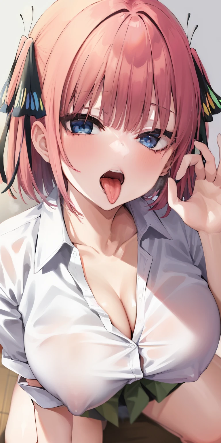 High resolution, Nakano Nino,1 Girl,Pink Hair,Short Hair,Butterfly Hair Ornament, Lonha,Green Skirt,White shirt,Collared shirt, Sex Friend,Blowjob Pose、Close one eye, Tilt your head up, and open your mouth, Detailed depiction of a long tongue、Detailed depiction of fingers gripping penis Maximum pixel count、Excited and happy look,Large Breasts, Chest opening, Super Breasts, On all fours