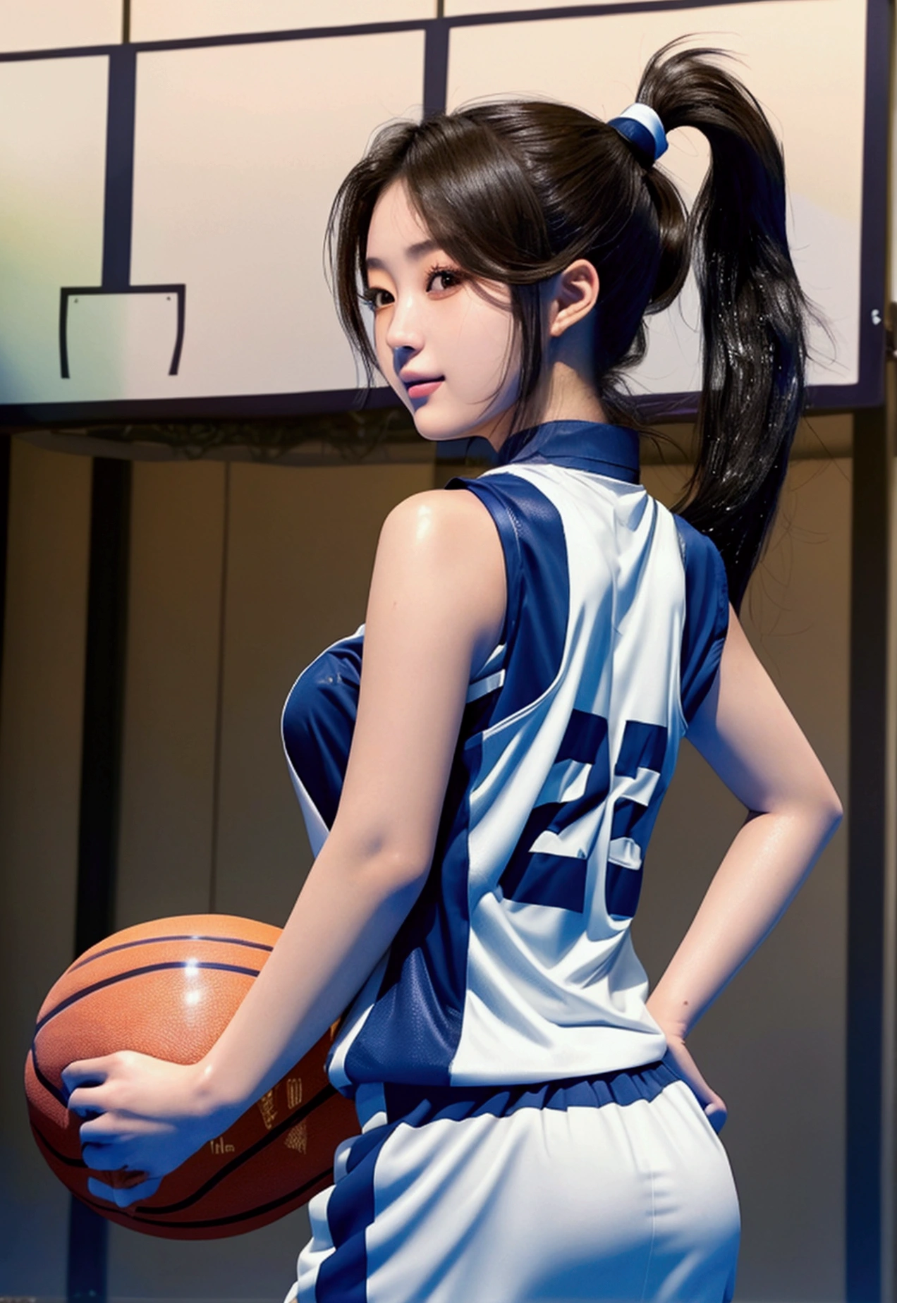 (masterpiece,Highest quality,Ultra-high resolution),Japanese women, (((Very beautiful 25 year old girl))), pretty girl、Look at the photographer、 ((Beautiful low ponytail)), Very cute face, Glossy Lips, Double eyelids on both eyes,Natural smile、 Natural Makeup, Long eyelashes, Shiny and smooth hair、Center image, Perfect limbs, Perfect Anatomy,(((Basketball Sleeveless Uniform)))、,(Wet with sweat),,Looking Back Completely naked