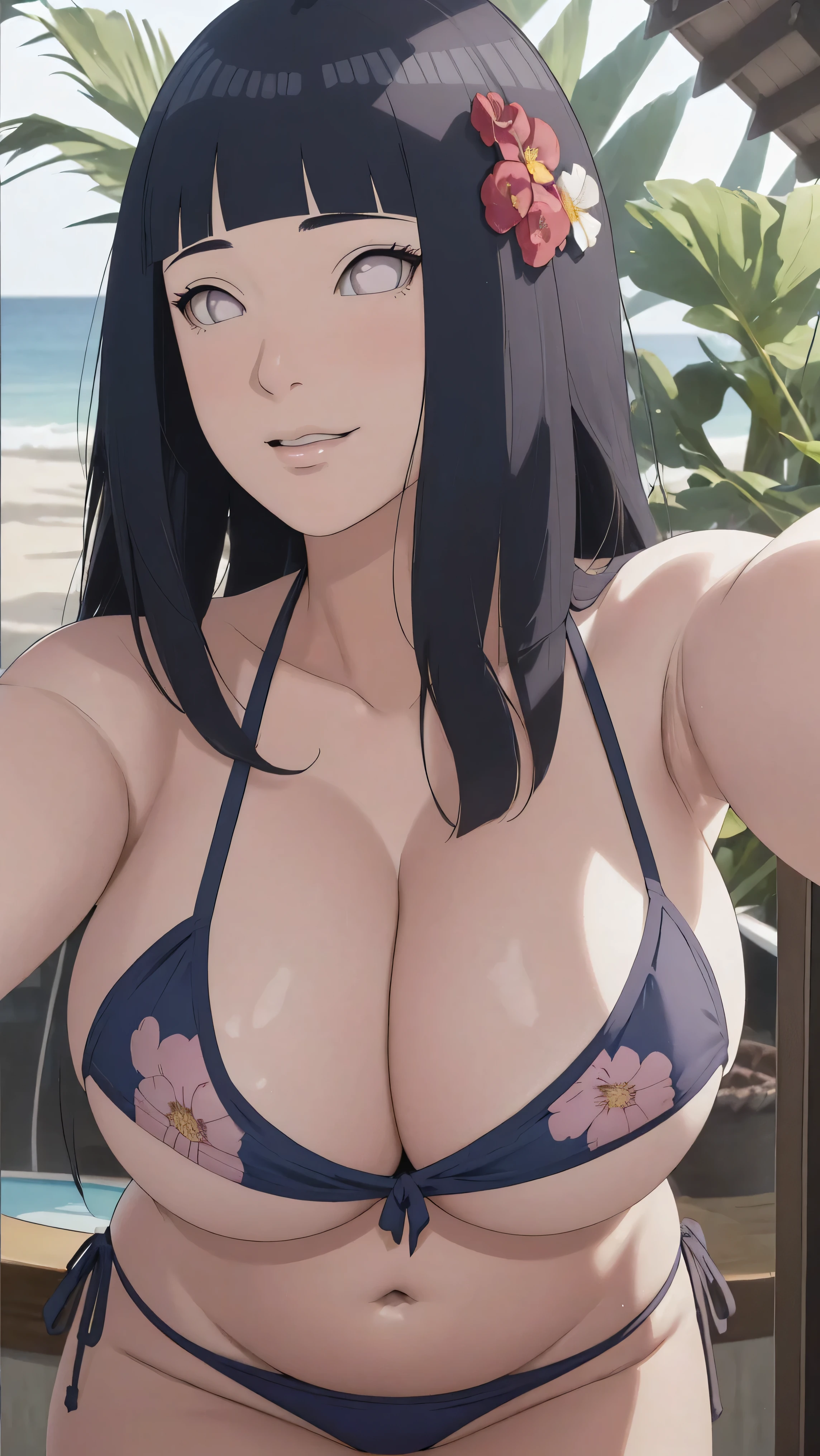 masterpiece, hinata\(boruto\), 1girl, mature women, (((floral bikini))), (((selfie))), (((Close-up photo))), (((cleavage))), (((big breasts))), (((big round breasts))), (((round breasts))), (((extremely heavy breasts))), (((Colossal tits))), (((heavy breasts))), (((plump breasts))), (((perfect breasts))), (shy face), detailed lips, beautiful face, blush, (pink lips), (((long hair))), white eyes, gentle gaze, smile, super realistic, detailed, realistic face and body, realistic hair, realistic eyes, realistic nose, realistic lips, seductive pose, (((straight bangs))), (dark blue hair), 28 year old girl