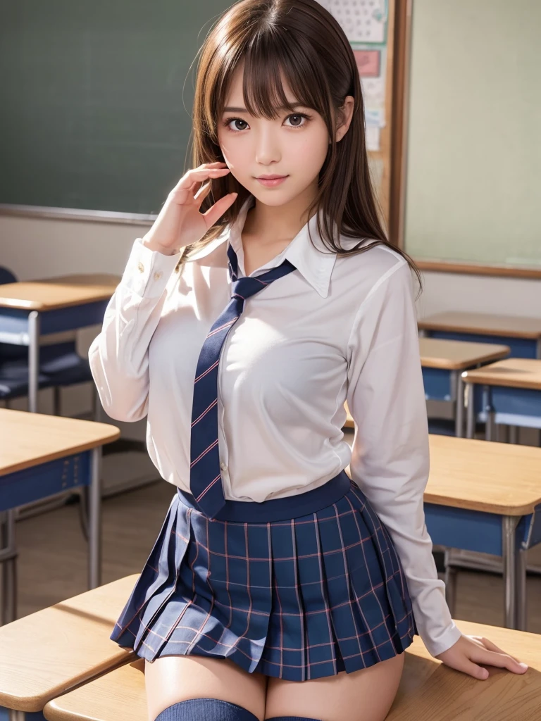 masterpiece,Highest quality,Very detailed,High resolution,(Realistic, photoRealistic:1.37),Excellent anatomy, One beautiful woman,20-year-old,Height: 152cm,high school girl,Crying a little,Gravure idol, high school girlの制服,blazer,(shape),Checkered Pleated Micro Mini Skirt,Navy blue knee-high socks,garter belt,huge,Disheveled uniform,((Very delicate and beautiful)),((High school classroom:1.2)),Brown Hair,Long Bob Hair,bangs,Very beautiful face,Cute type,Big Natural Color Lip,Small and cute nose,Big and pretty eyes,Brown eyes,Obvious double,Shiny highlight spots around the eyes,Character Focus,Tilt your head,The best light,Best Shadow,mysterious,Perfect Face,Very detailed, Soft Skin,(Glowing Skin, Sweaty: 1.3),Beautiful feet,Voluptuous thighs,Plump body,hugeな胸,(Expresses the roundness and softness of the chest area.........1), Beautiful body,(The perfect woman),Bold sexy pose,Gravure idolのポーズ