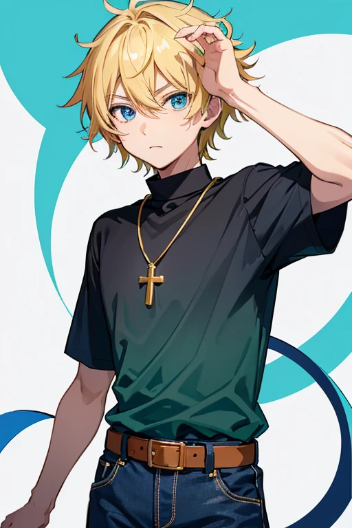 Taiga Akatora from Camp Buddy, boy, 16 years old, blonde hair with blue, blue eyes, black shirt with green stripe, necklace with gold cross, blue jeans, light black belt, profile looking directly at viewer, white background.