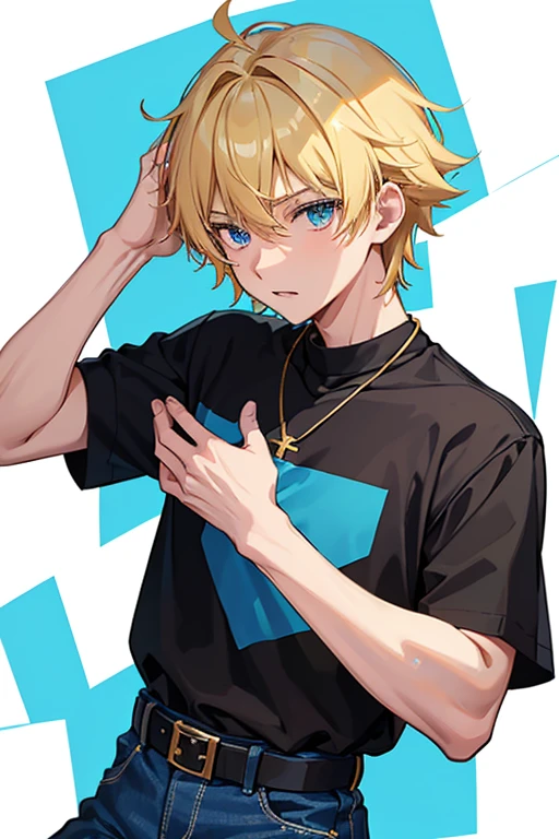 Taiga Akatora from Camp Buddy, boy, , blonde hair with blue, blue eyes, black shirt with green stripe, necklace with gold cross, blue jeans, light black belt, profile looking directly at viewer, white background.