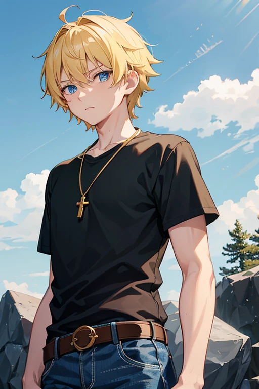 Taiga Akatora from Camp Buddy, boy, 16 years old, blonde hair with blue, blue eyes, black shirt with green stripe, necklace with gold cross, blue jeans, light black belt, profile looking directly at viewer, white background.