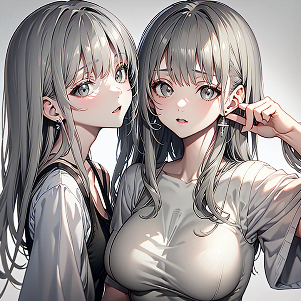 【Highest Quality, masutepiece】 [girl, Gray eyes, front facing, waved hair, camisole, Upper body ] (Gray white background:1.7), (Earring), sexy emotion, Beautiful eyes, pretty large breasts, Gray skin, Solo