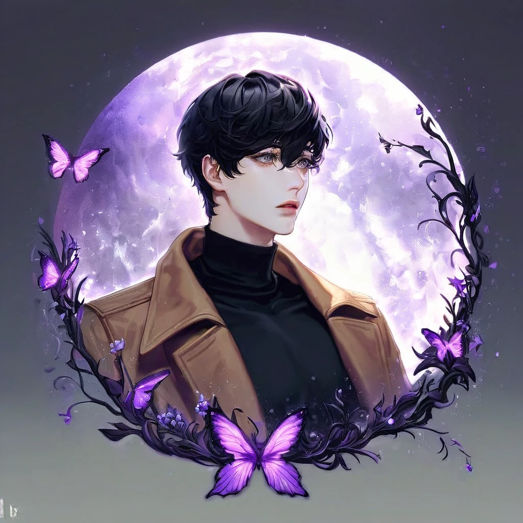 (absurdres, highres, ultra detailed, HDR) master piece, best quality, extremely detailed, delicated features, Han Yoohyun, black hair, expressive gray eyes, The S-Classes That I Raised, solo, sexy man, handsome, sensual, brown coat, black tight turtleneck shirt, fantasy, magical, glittering, shining, purple flames, purple moon, purple flowers, purple butterflies