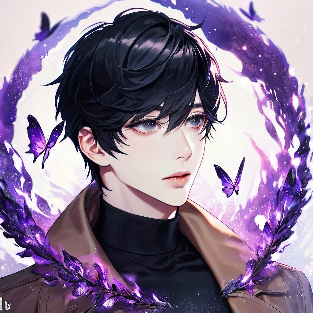 (absurdres, highres, ultra detailed, HDR) master piece, best quality, extremely detailed, delicated features, Han Yoohyun, black hair, expressive gray eyes, The S-Classes That I Raised, solo, sexy man, handsome, sensual, brown coat, black tight turtleneck shirt, fantasy, magical, glittering, shining, purple flames, purple moon, purple flowers, purple butterflies